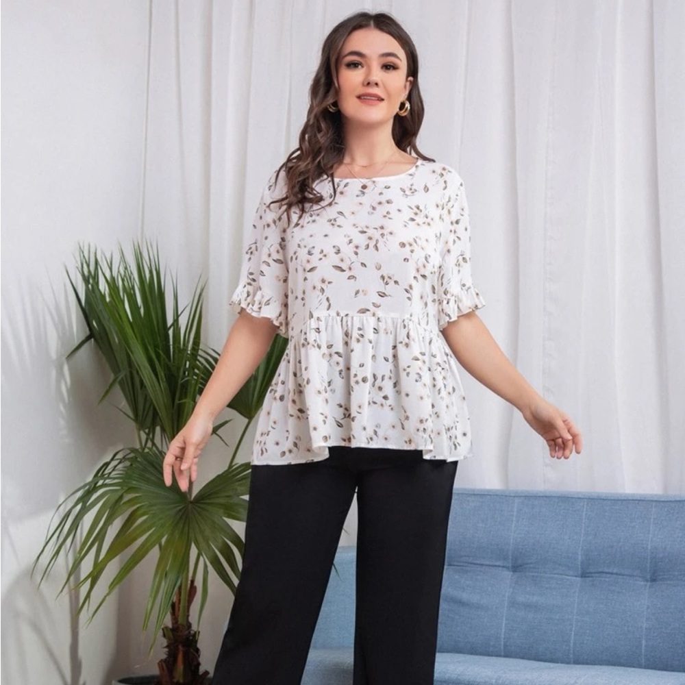 Plus Floral Print Flounce Sleeve Peplum Blouse